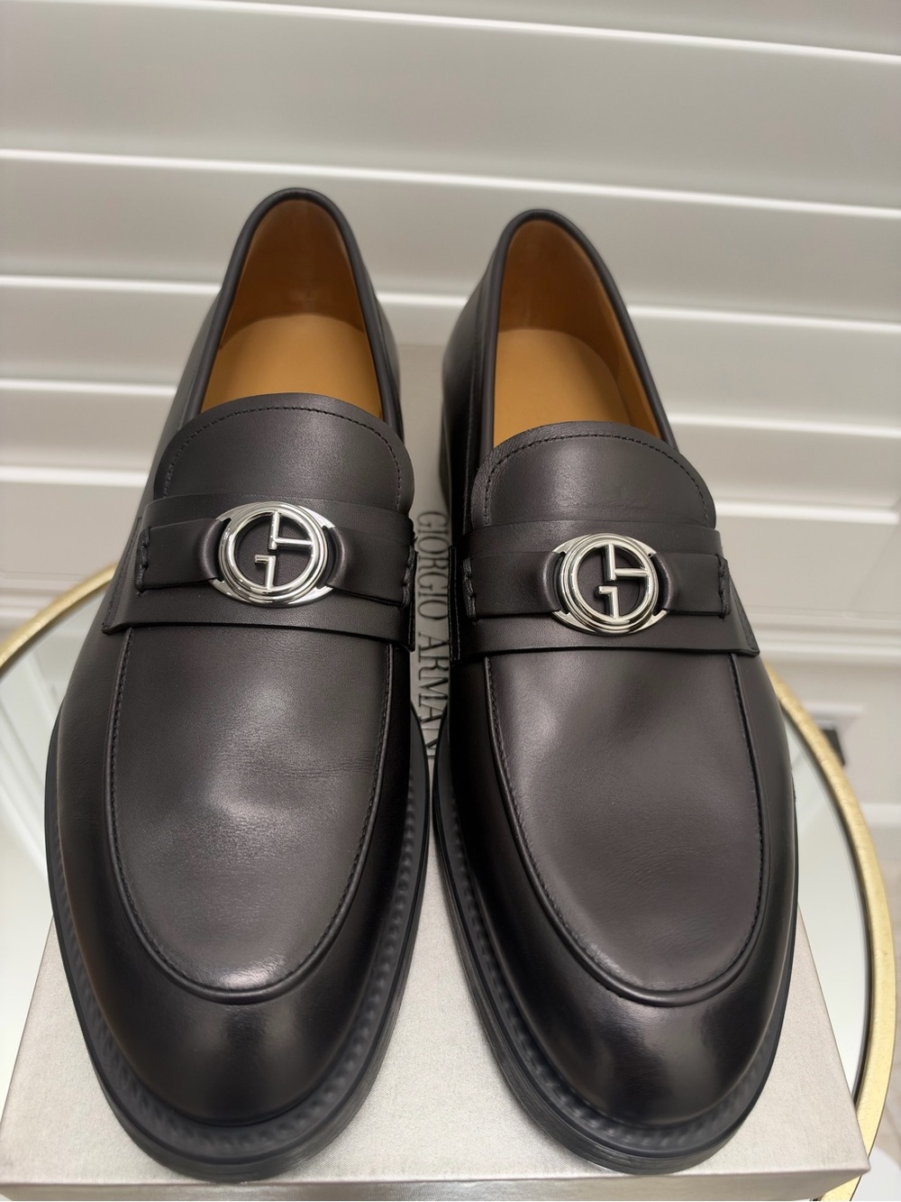 Giorgio Armani Black Leather Loafers with Silver Logo Hardware US 10